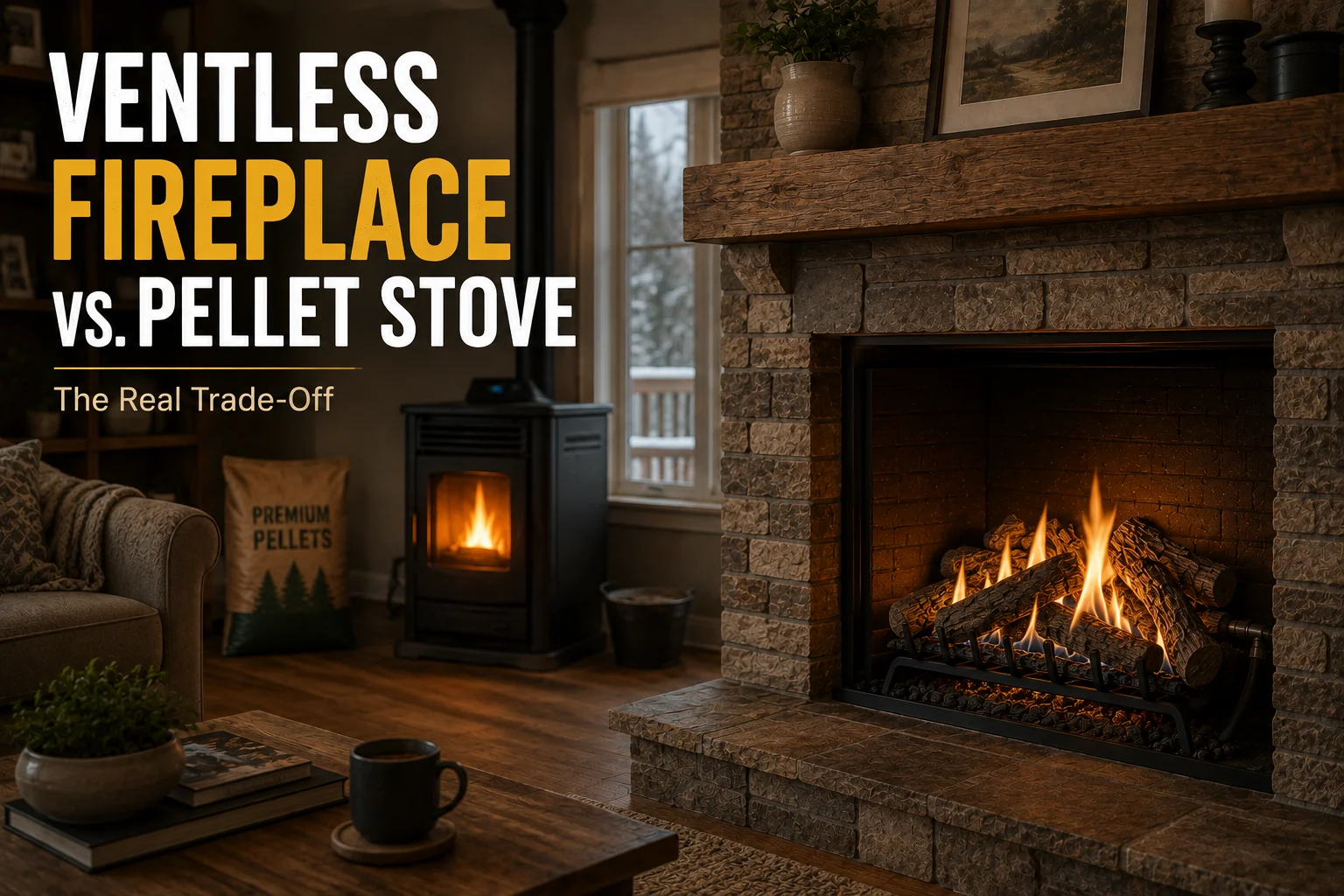 Ventless fireplace and pellet stove in a home