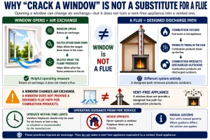 Infographic comparing opening a window with using a flue, showing that a window increases air exchange while a flue provides a designed path for combustion products outdoors.