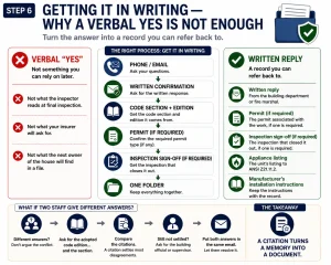 Infographic showing how to document a ventless fireplace answer with a written reply, code section and edition, permit if required, inspection sign-off if required, appliance listing, and manufacturer installation instructions.