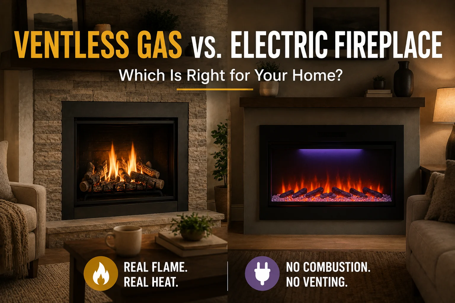 Ventless gas and electric fireplaces compared in a living room