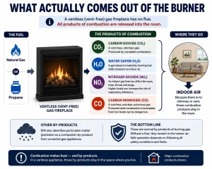 Educational infographic explaining what comes out of a ventless gas fireplace burner. It shows natural gas or propane entering the appliance and producing carbon dioxide (CO₂), water vapor (H₂O), nitrogen dioxide (NO₂), and carbon monoxide (CO), which remain in the indoor air because the appliance has no flue.