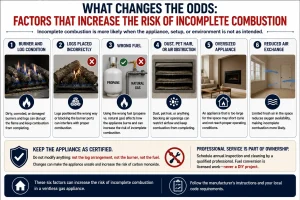 Educational infographic explaining the six factors that increase the likelihood of incomplete combustion in a ventless gas appliance, including burner and log condition, incorrect log placement, wrong fuel, dust or air obstruction, an oversized appliance, and reduced air exchange.