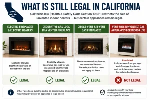 Comparison infographic showing which fireplace and heating appliances remain legal in California, including electric fireplaces, decorative gas logs in vented fireplaces, direct-vent and B-vent gas fireplaces, and indoor vent-free gas appliances restricted under California law.