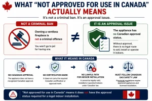 Comparison infographic explaining that "not approved for use in Canada" means a ventless fireplace lacks Canadian approval for lawful indoor installation, rather than being prohibited by a criminal law.