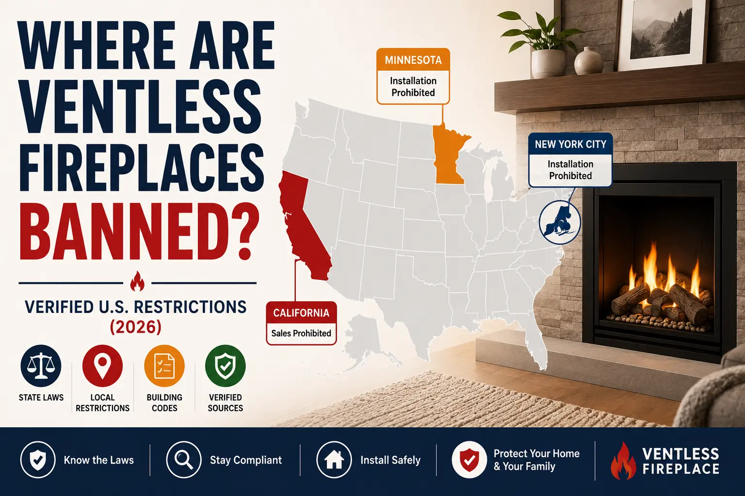 Featured image showing a map of verified U.S. ventless fireplace restrictions, highlighting California, Minnesota, and New York City alongside a modern gas fireplace.