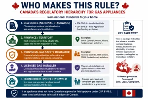 Infographic illustrating Canada's regulatory hierarchy for gas appliances, showing how CSA Codes, provincial or territorial governments, provincial gas safety regulators, licensed gas installers, and homeowners each play a role in approving and installing gas appliances.