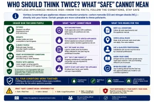 Educational infographic explaining who should think carefully before using a ventless gas appliance. It highlights carbon monoxide and nitrogen dioxide as indoor combustion pollutants, identifies vulnerable groups such as infants, older adults, people with anemia, and those with heart or respiratory conditions, and explains that "safe" does not mean risk-free, equivalent to a vented appliance, or legal everywhere.
