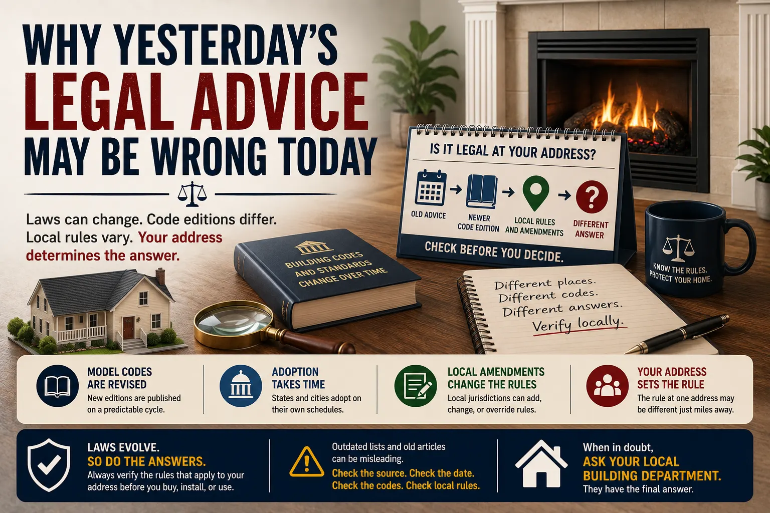 Editorial infographic explaining why older legal advice about ventless fireplaces may no longer be accurate because model codes change, jurisdictions adopt new code editions on different schedules, and local amendments determine the rules that apply at a specific address.