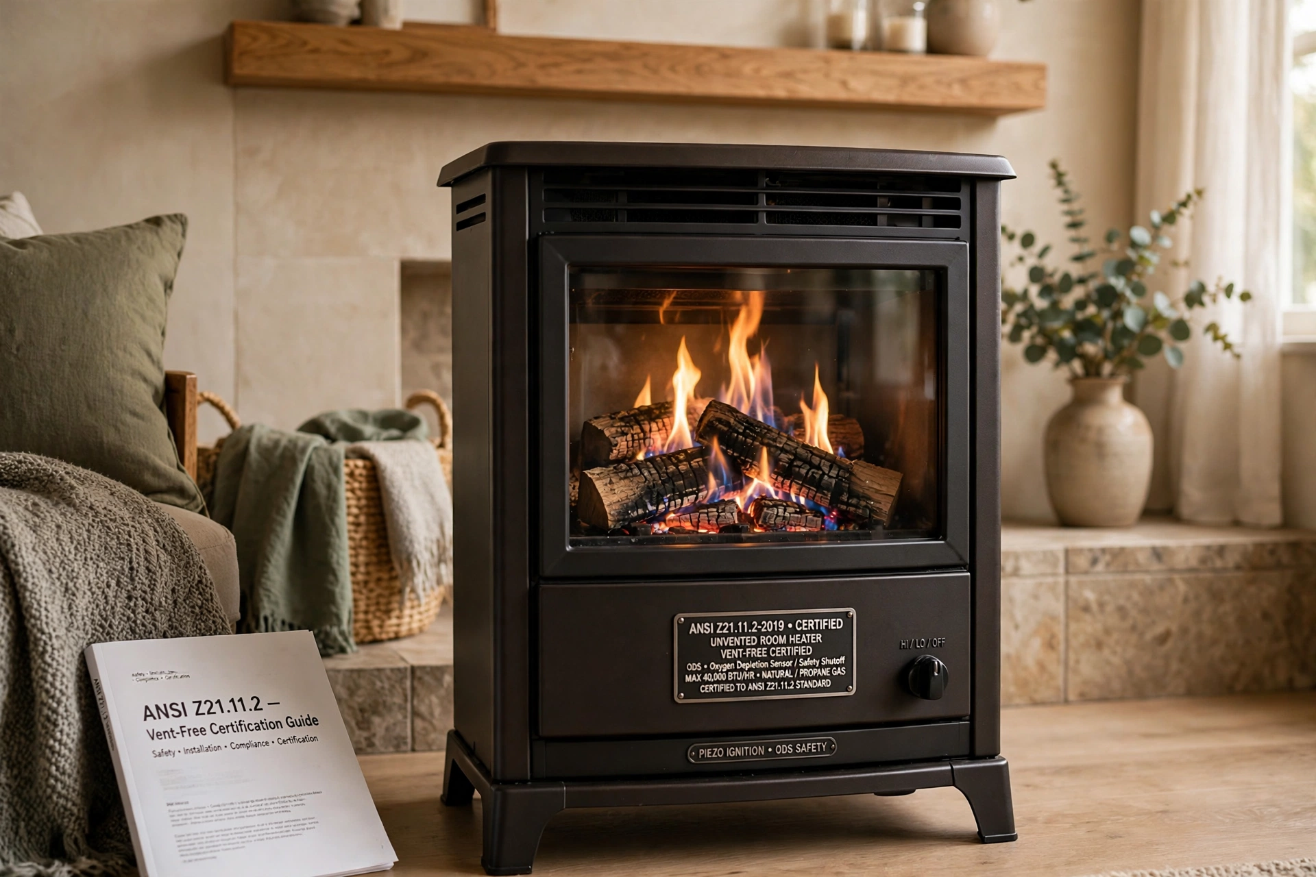 Vent-free gas fireplace with ANSI Z21.11.2 certification label and safety guide