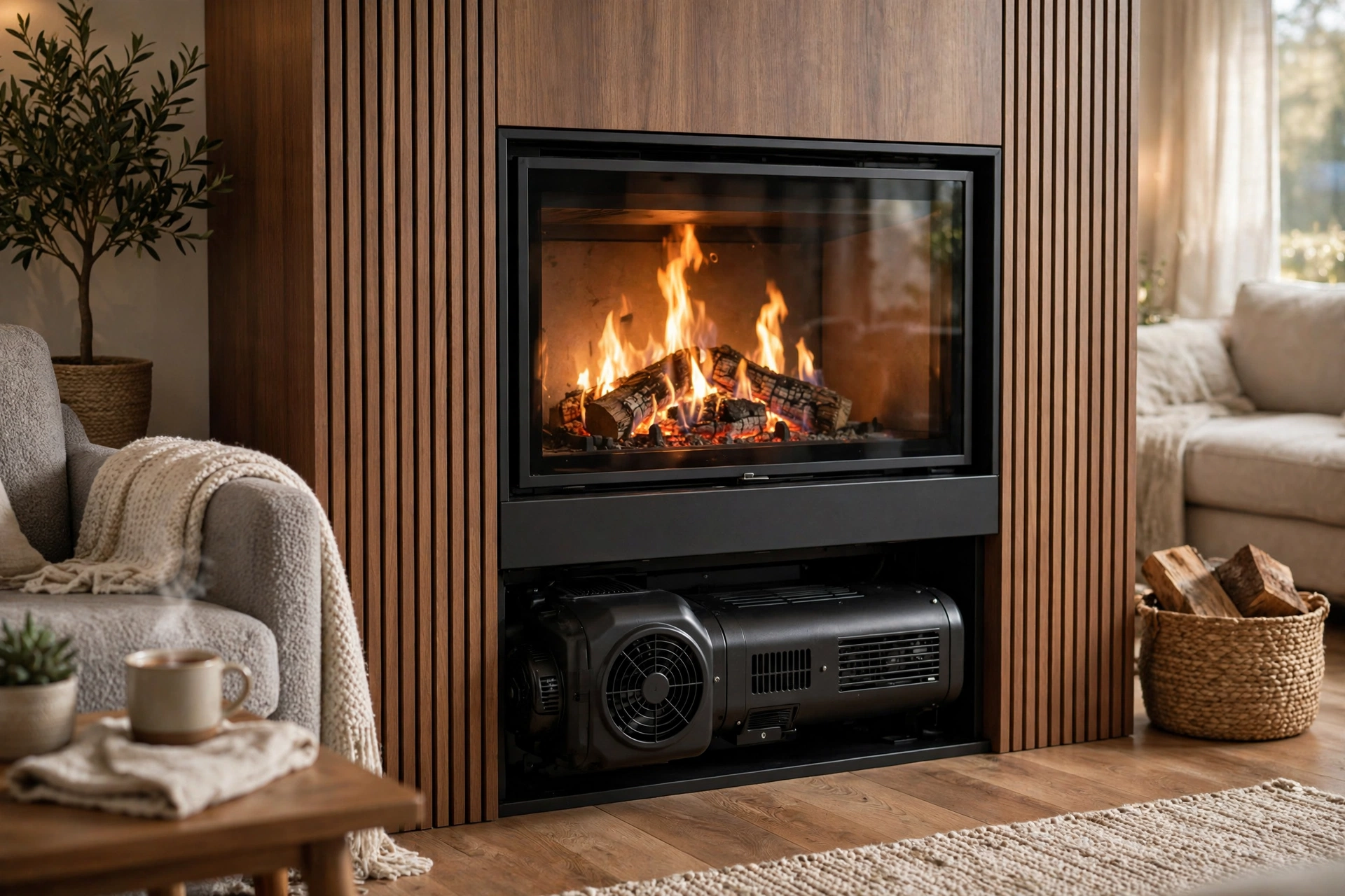 Ventless fireplace with blower unit installed below the firebox in a living room