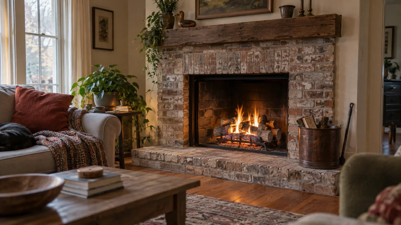 Ventless gas fireplace logs burning in a brick fireplace in a cozy living room