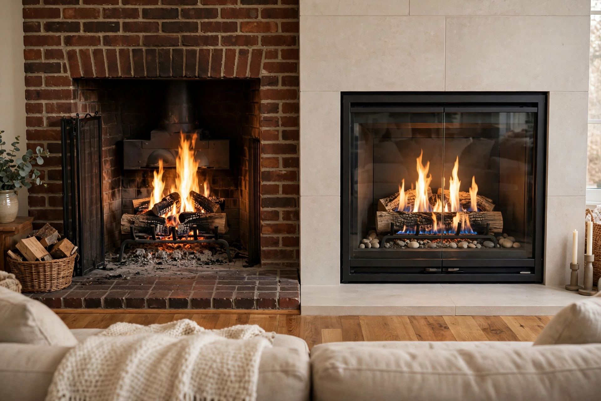 Side-by-side vented brick fireplace and vent-free gas fireplace with glass doors