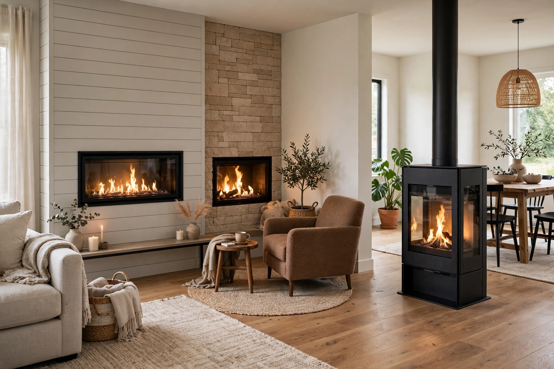 Living room showing different ventless fireplace placements including wall-mounted and freestanding units