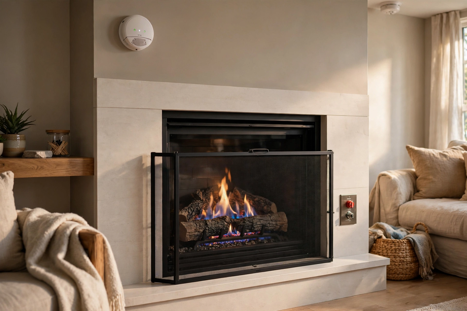 Ventless fireplace with safety screen, gas shutoff control, and wall-mounted CO alarm