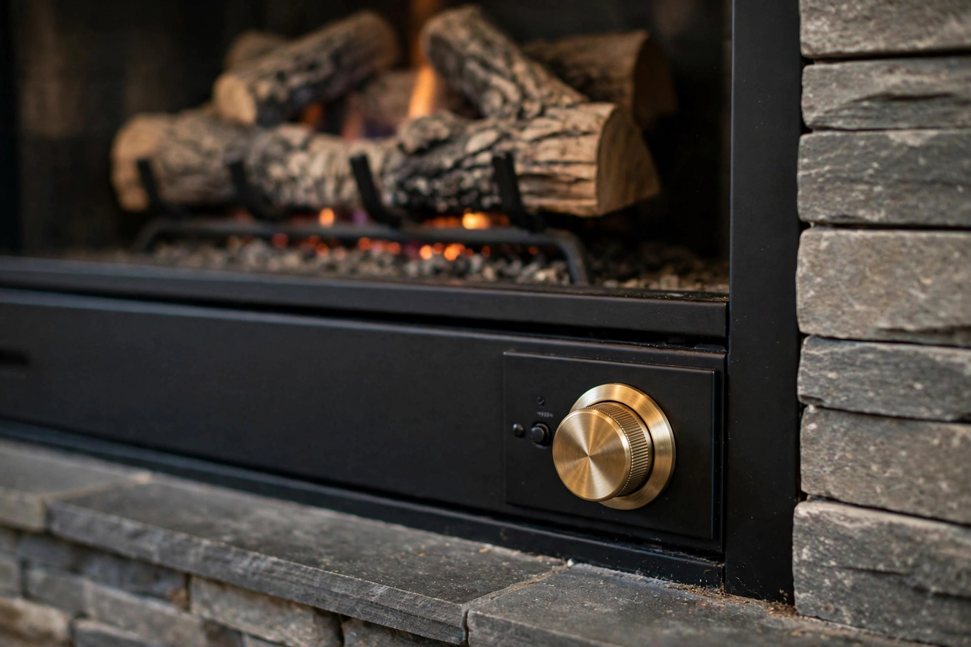 Close-up of a ventless fireplace thermostat control knob with gas logs burning