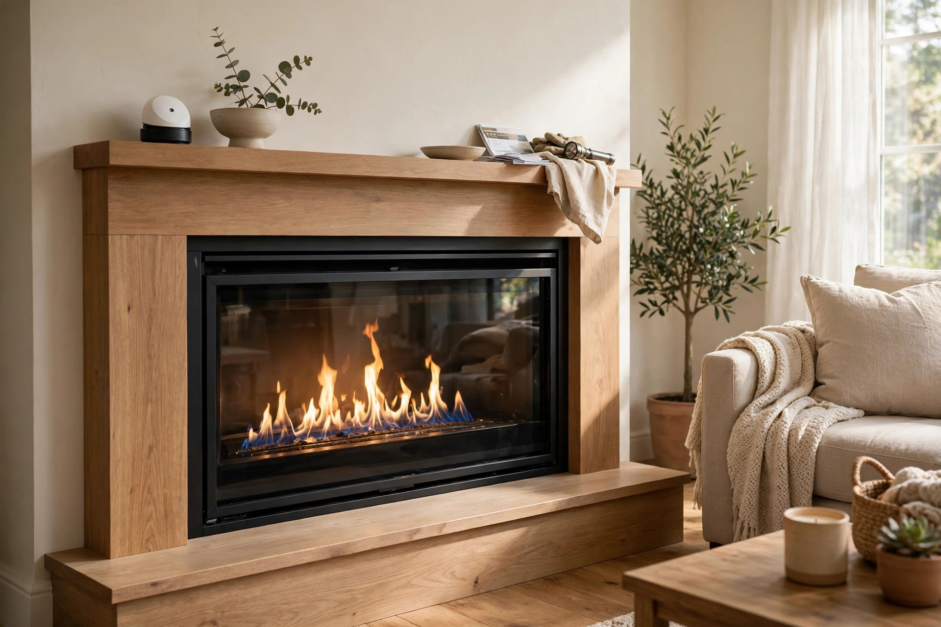 Modern ventless gas fireplace with clean flames in a bright living room