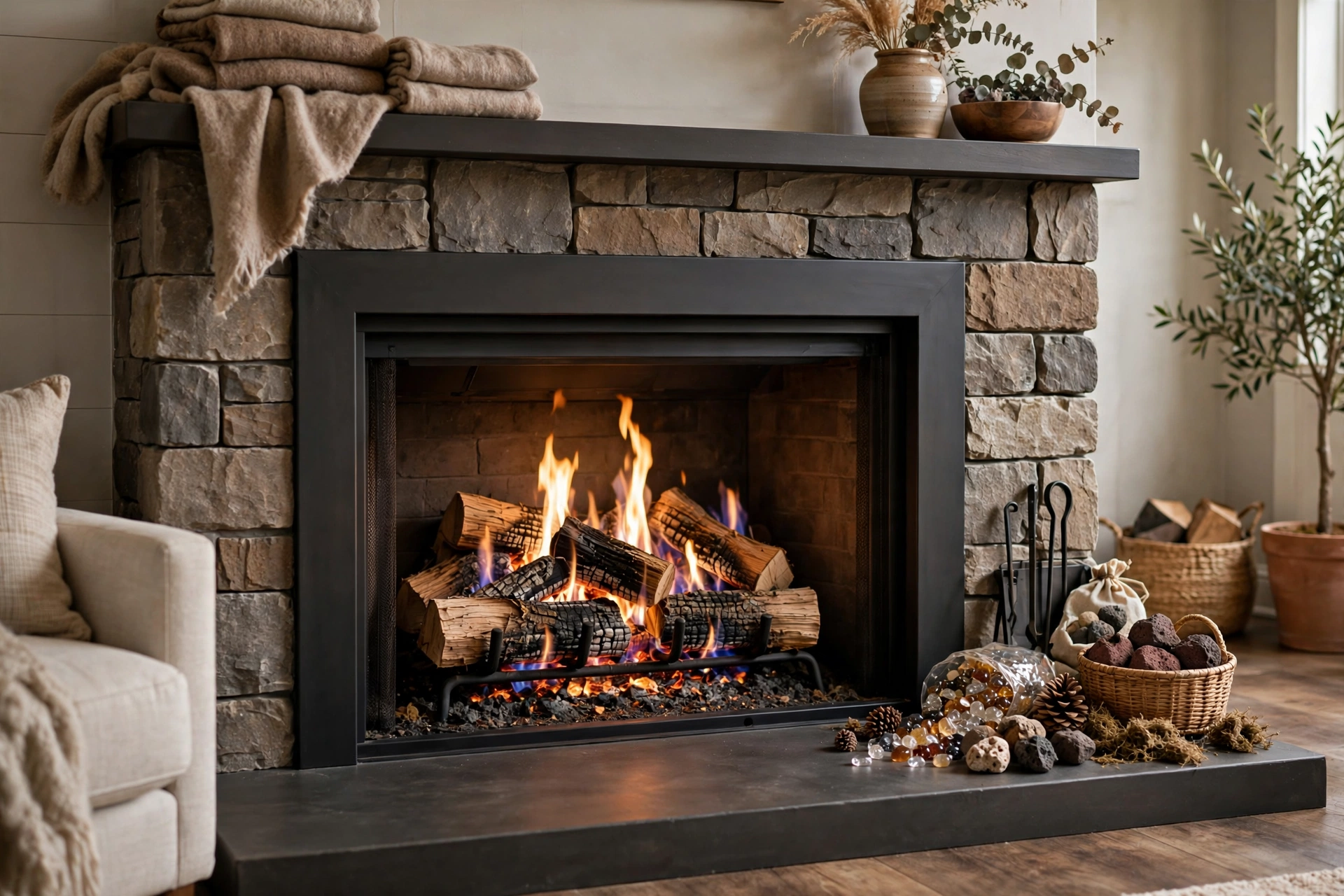 Realistic ventless gas logs burning in a stone fireplace with decorative accessories