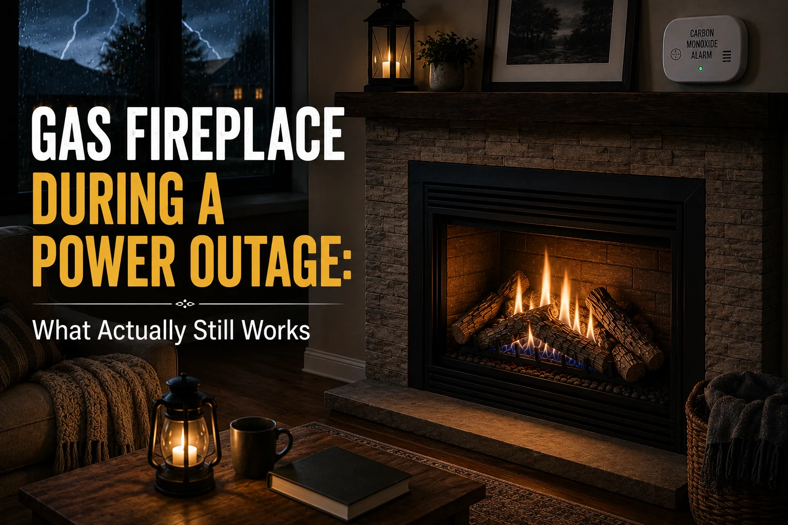 Gas fireplace burning during a power outage with a carbon monoxide alarm