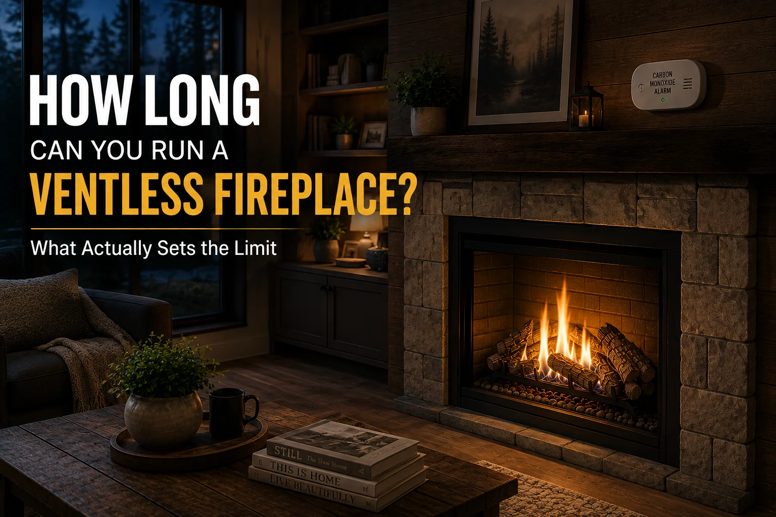Ventless gas fireplace in a cozy living room with a carbon monoxide alarm