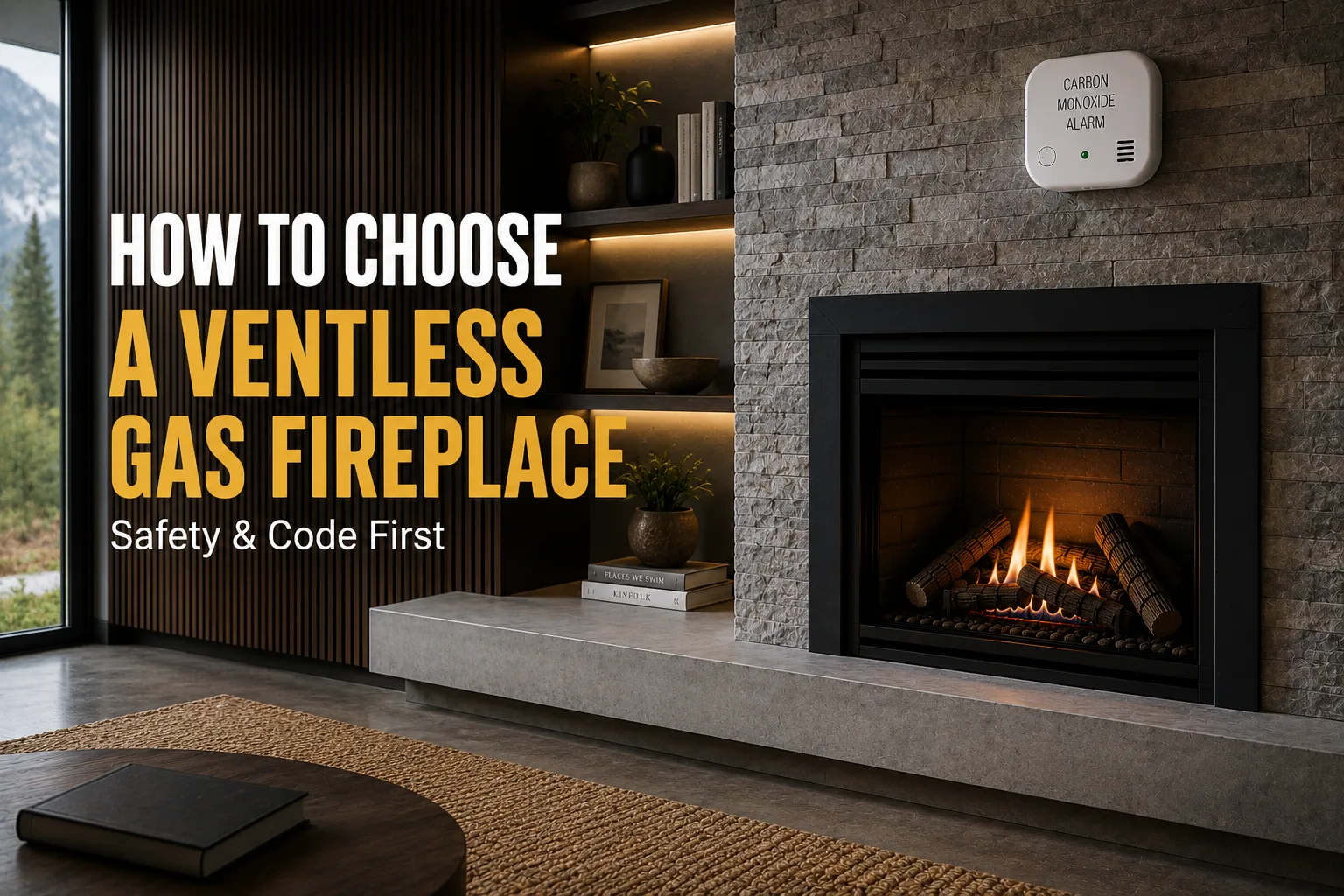 Ventless gas fireplace with a carbon monoxide alarm in a modern living room