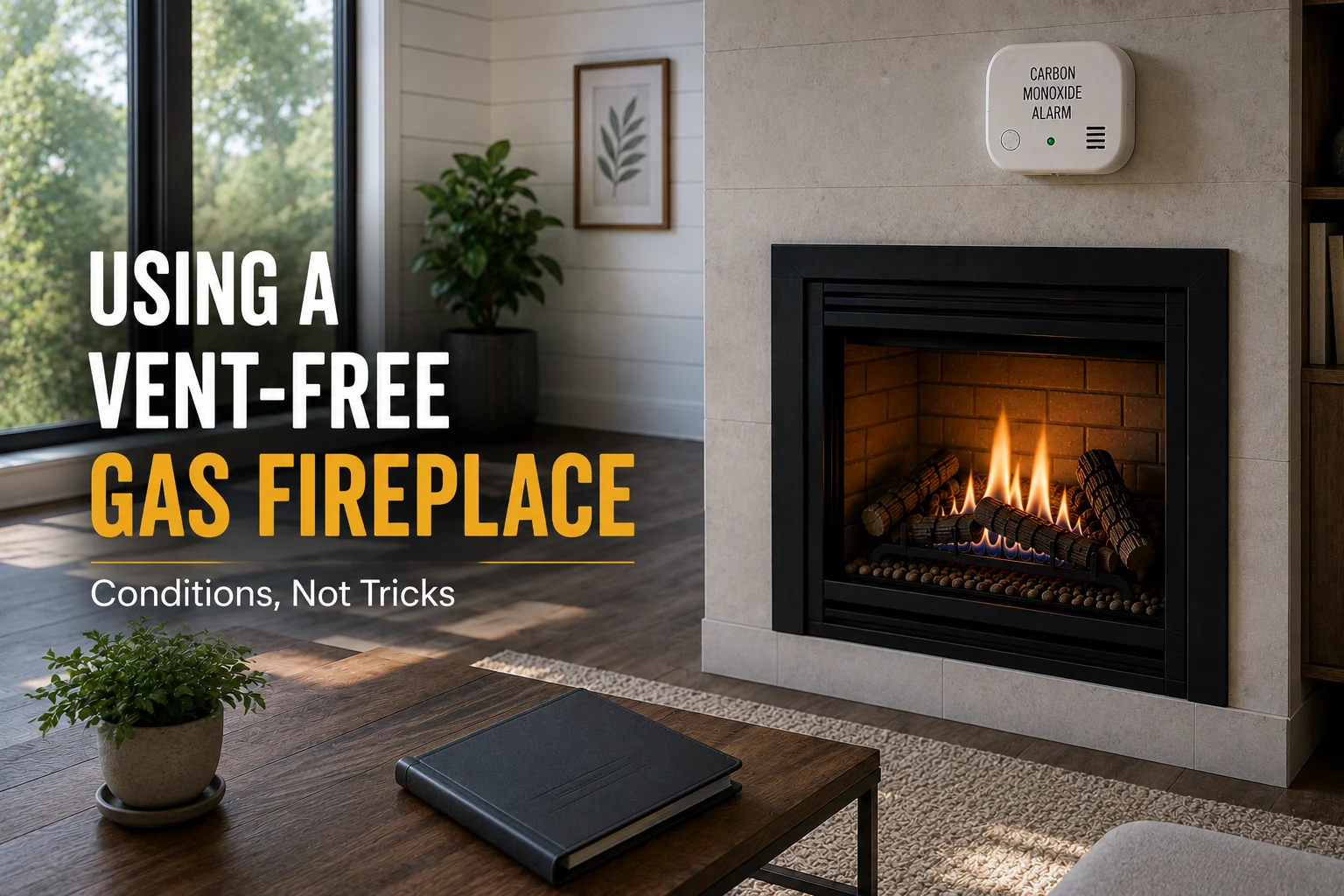 Vent-free gas fireplace burning in a living room with a carbon monoxide alarm