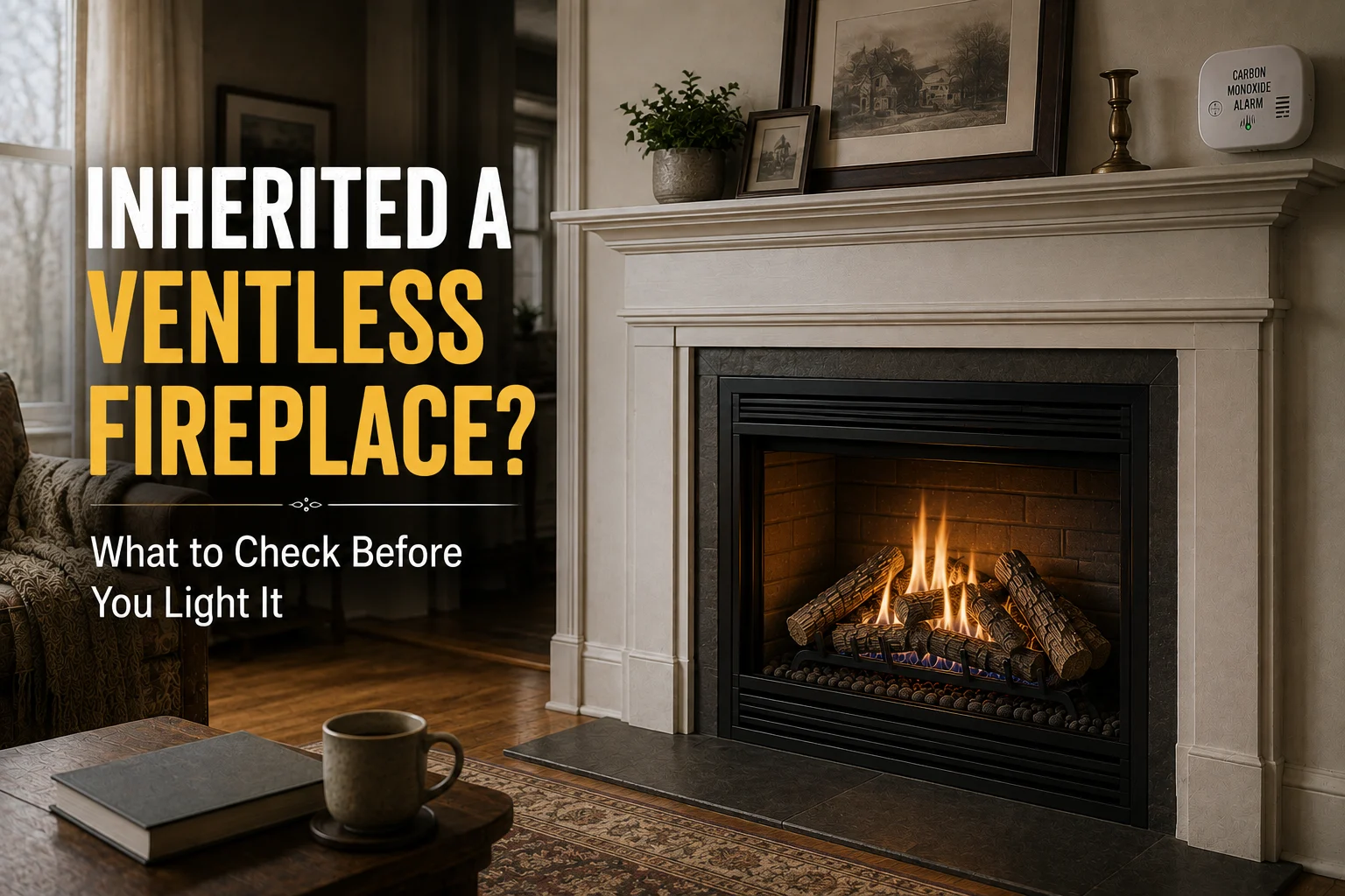 Gas fireplace with a carbon monoxide alarm in a living room