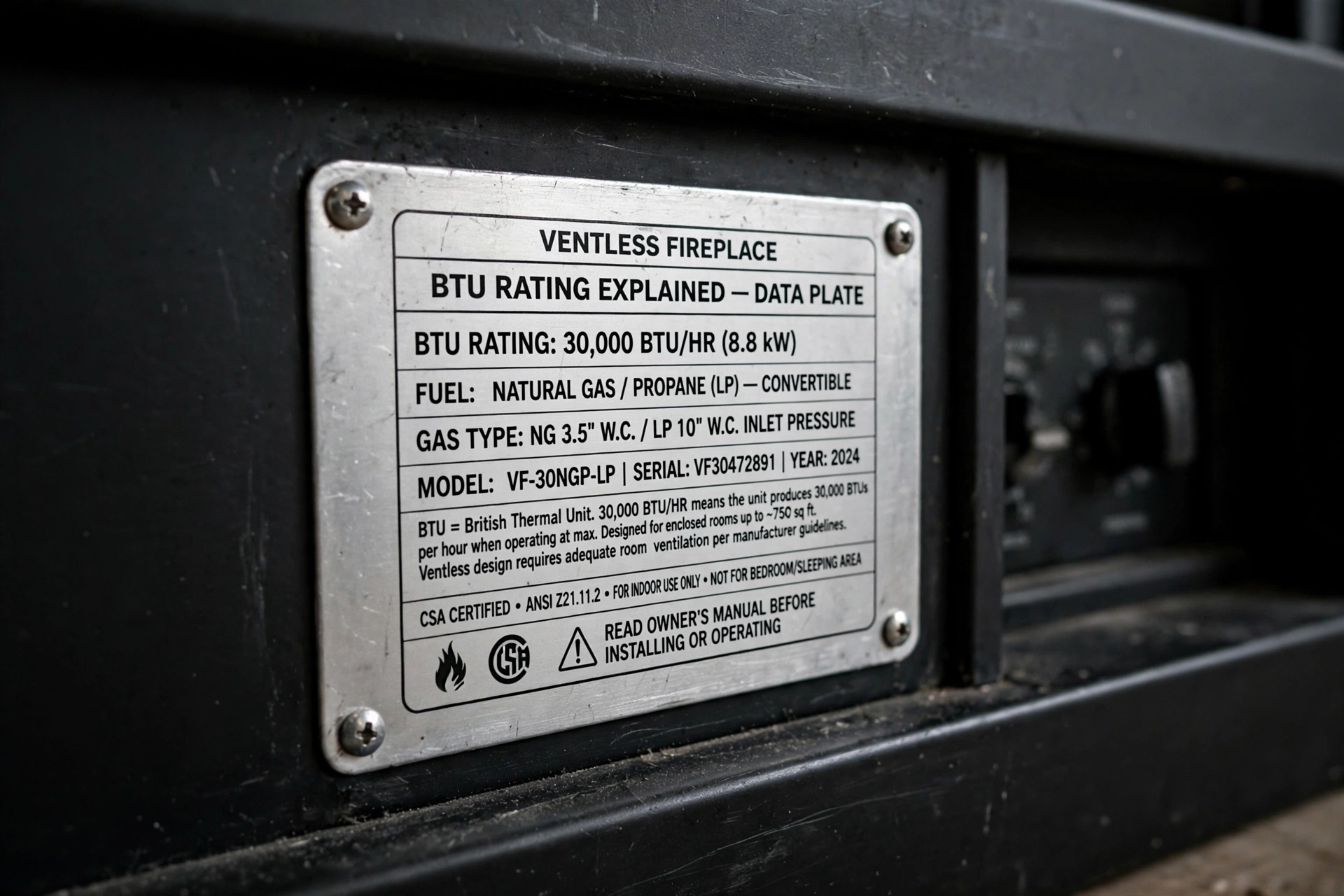 Close-up of a ventless fireplace data plate showing BTU rating, fuel type, model, and safety certifications