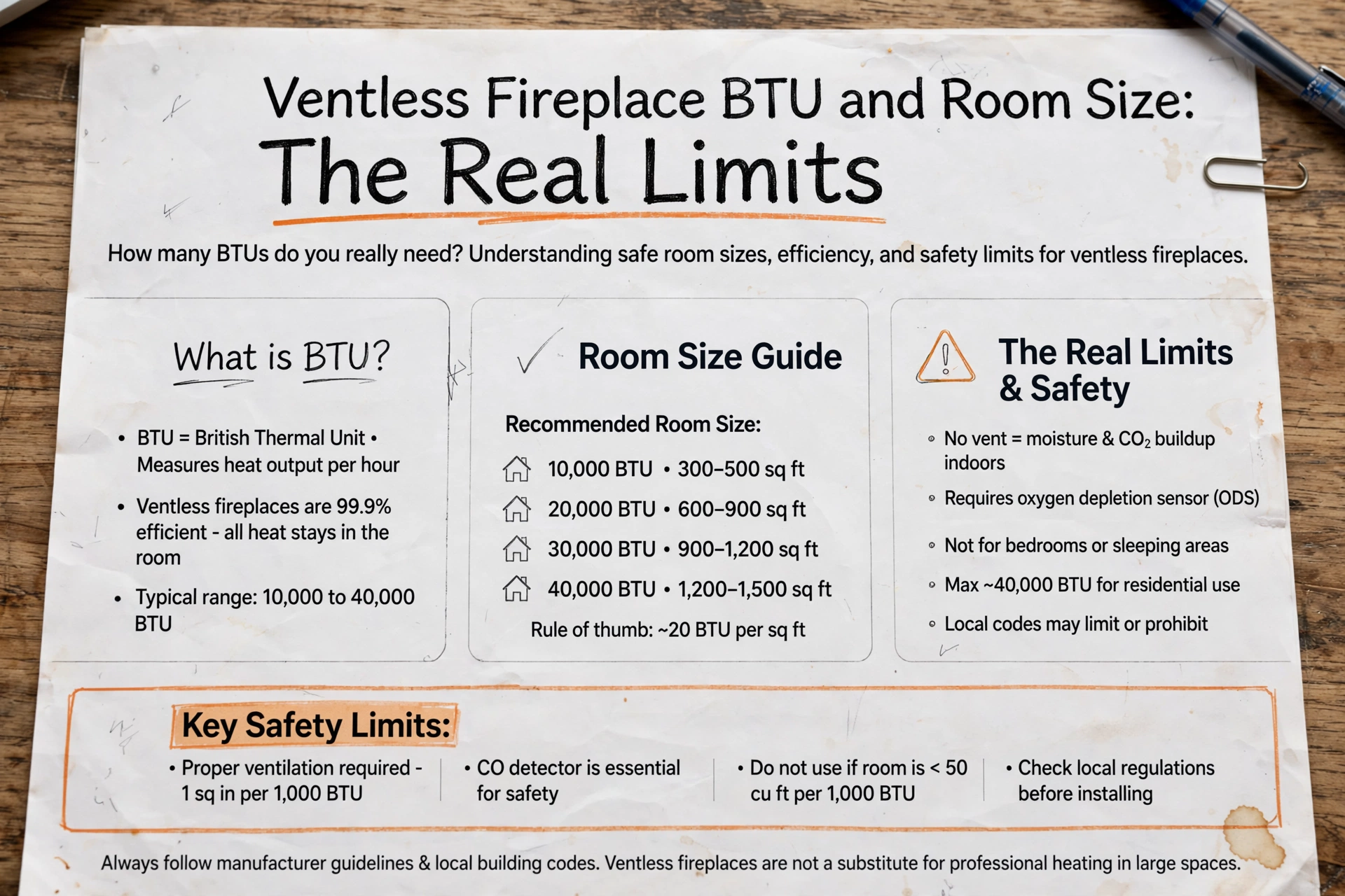 Ventless fireplace BTU and room size guide showing safe limits and recommended room sizes