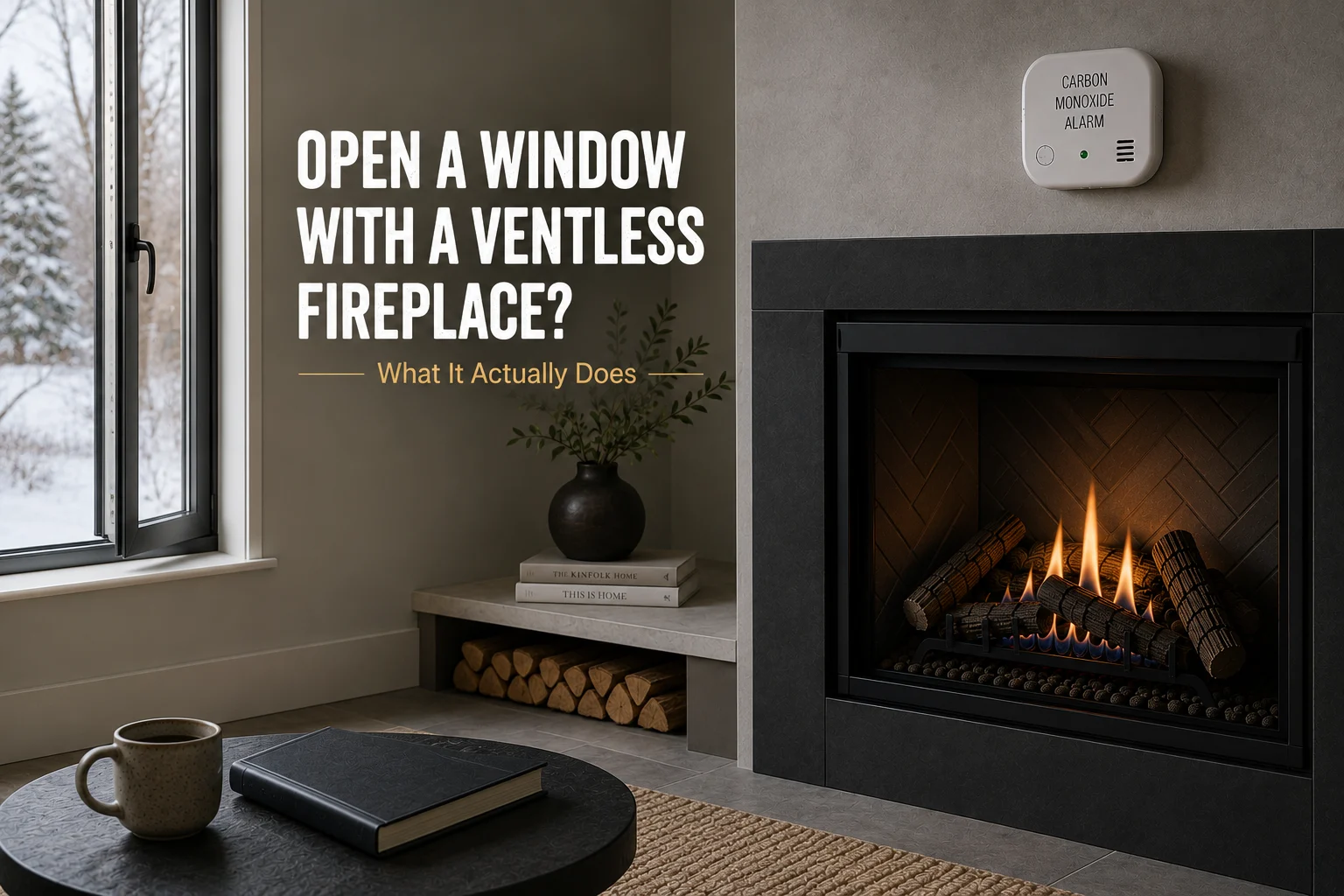 Ventless gas fireplace burning beside a slightly open window with a carbon monoxide alarm