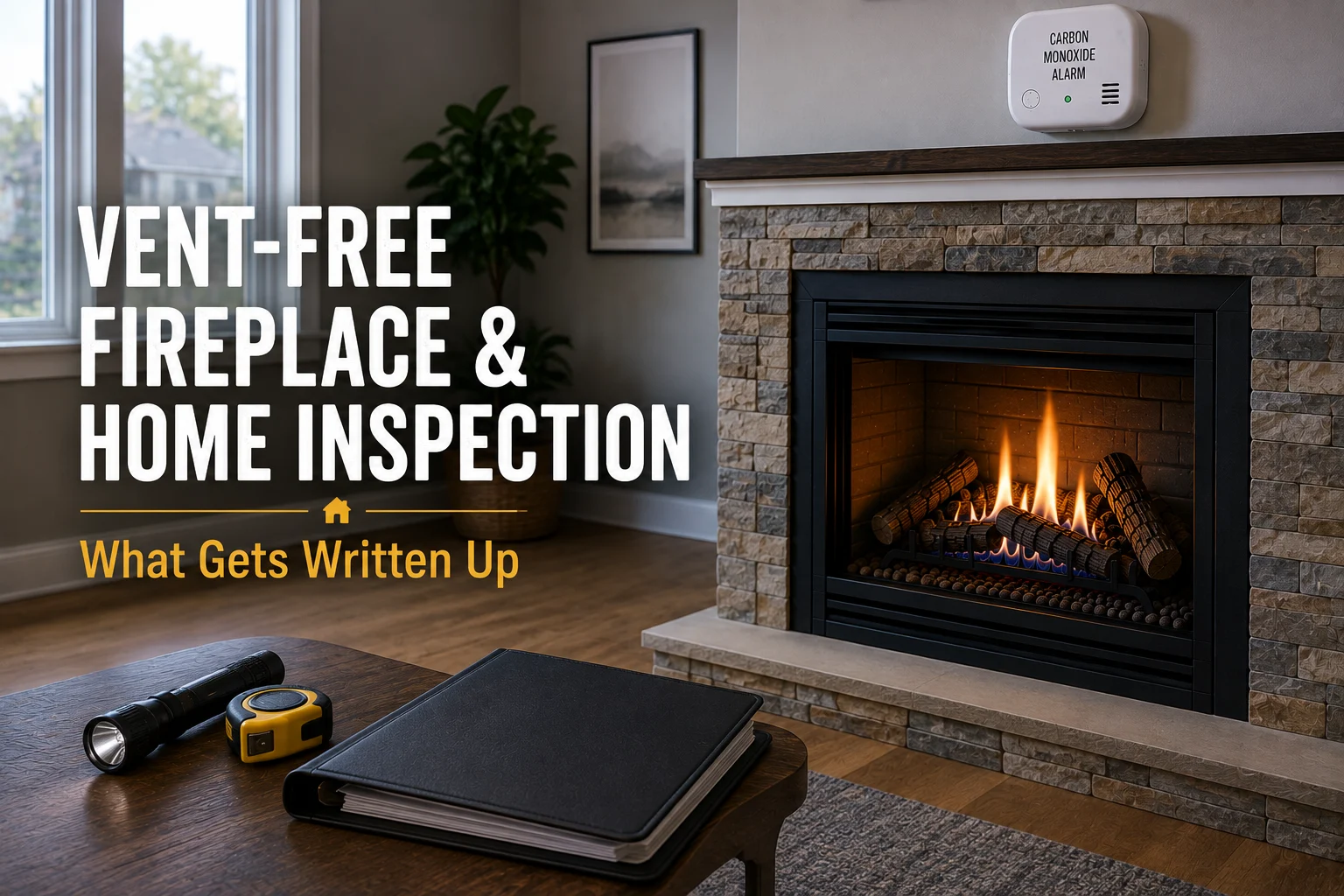 Vent-free gas fireplace with a carbon monoxide alarm during a home inspection