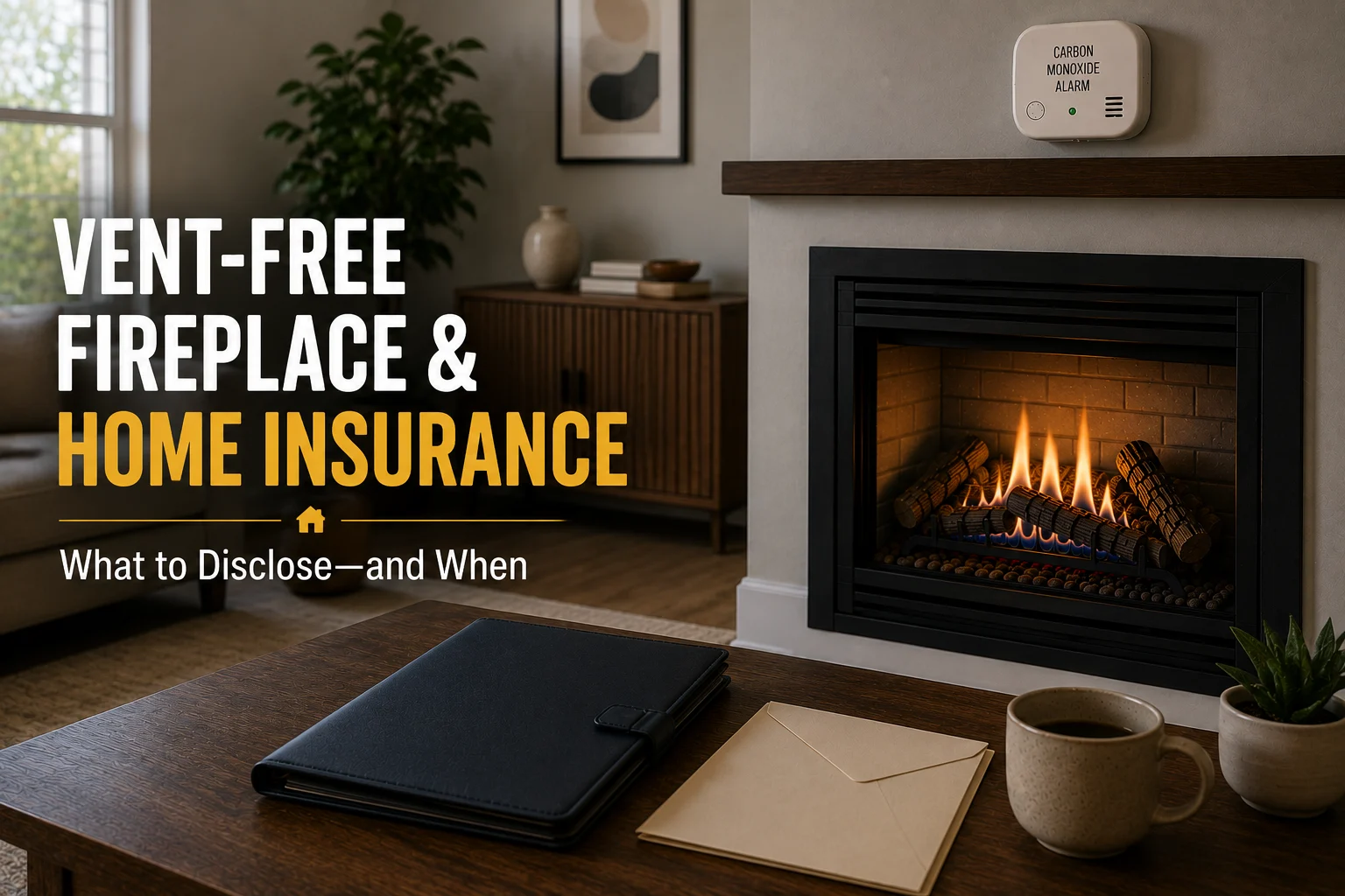 Vent-free gas fireplace with a carbon monoxide alarm in a home