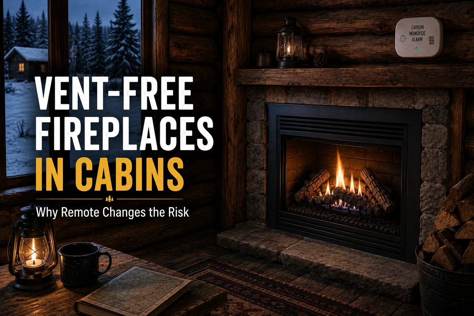 Vent-free gas fireplace in a rustic cabin with a carbon monoxide alarm