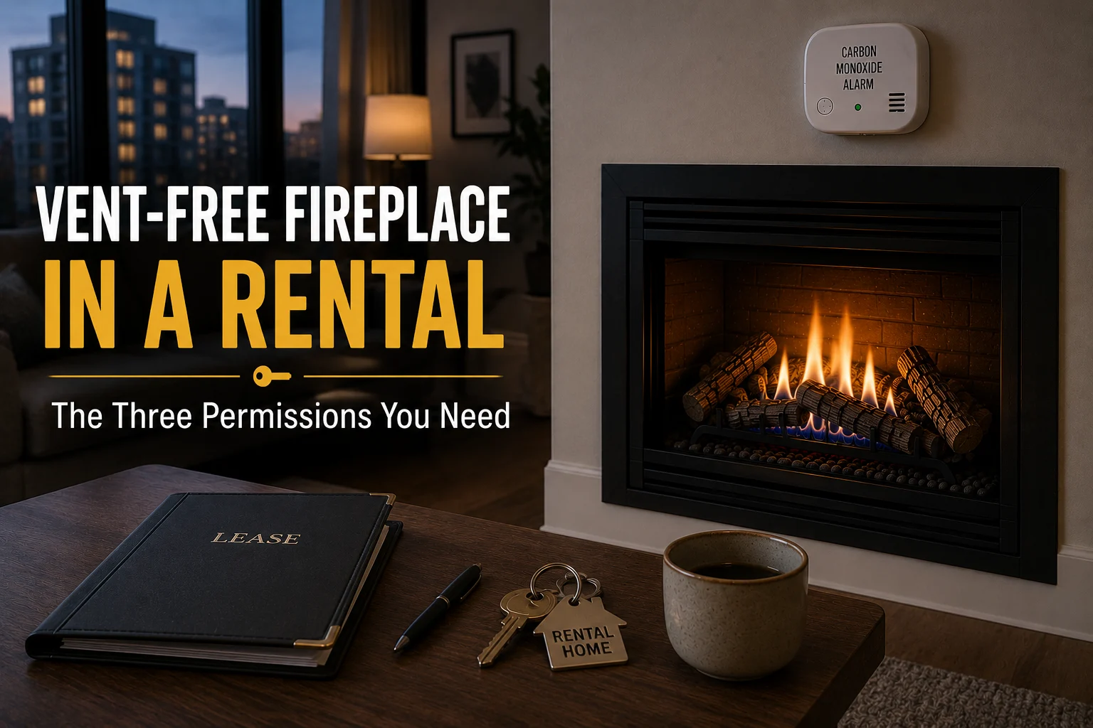 Vent-free gas fireplace in a rental apartment with a carbon monoxide alarm