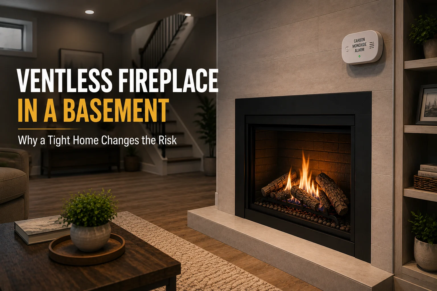 Ventless fireplace in a finished basement with a carbon monoxide alarm