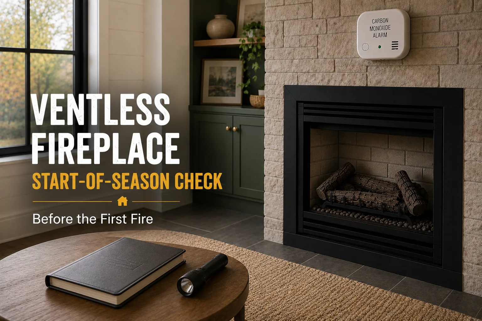 Unlit ventless gas fireplace with a carbon monoxide alarm and owner's manual