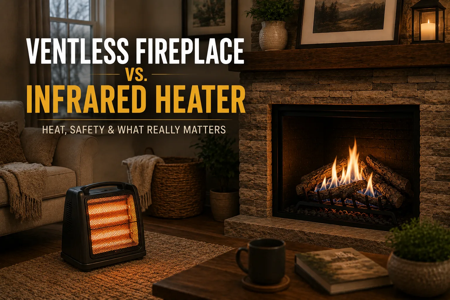 Ventless fireplace and infrared heater in a living room