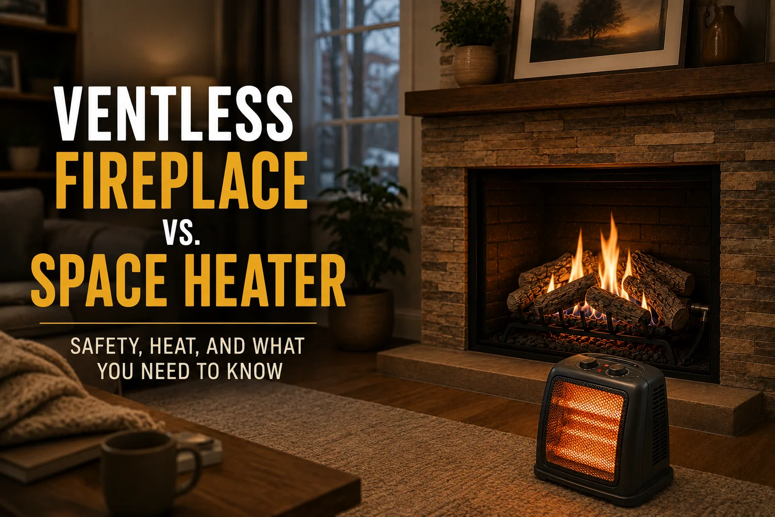 Ventless fireplace and portable space heater in a living room