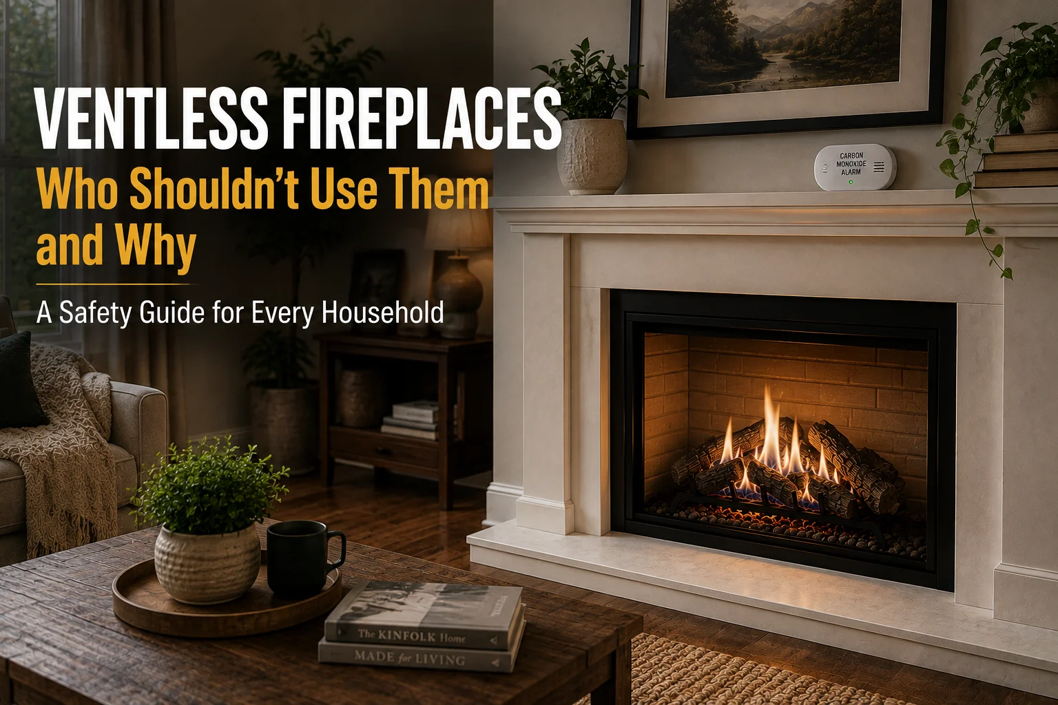 Ventless gas fireplace with a carbon monoxide alarm in a living room