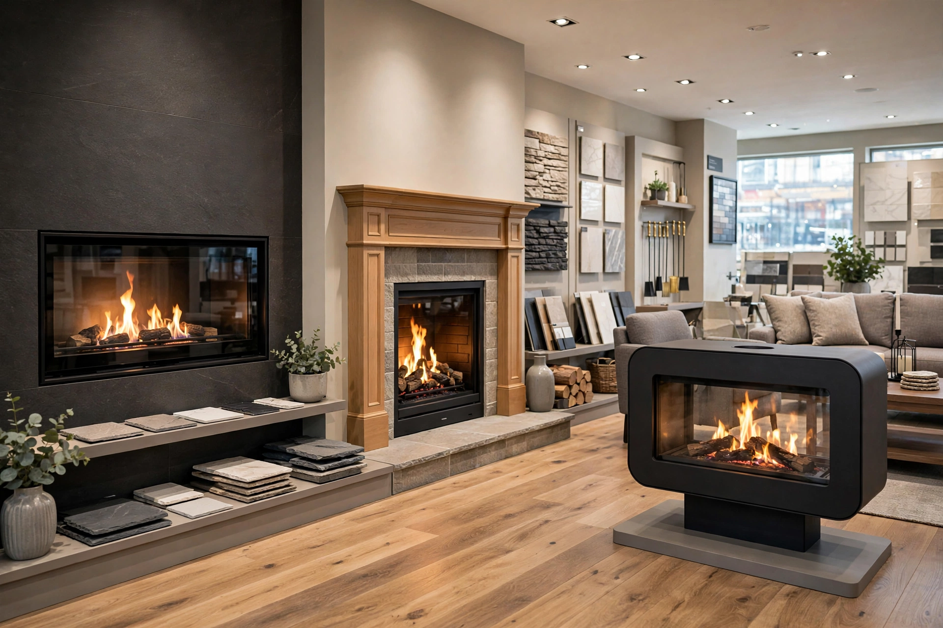 Ventless fireplace dealer showroom with multiple fireplace displays and finish samples