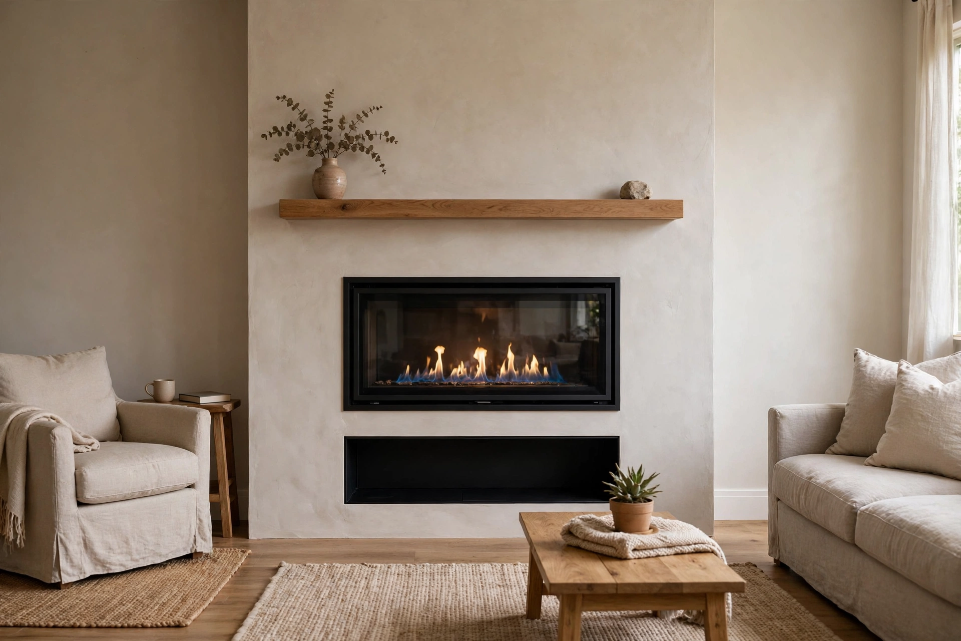 Ventless fireplace installed with safe clearances from mantel, walls, and furniture