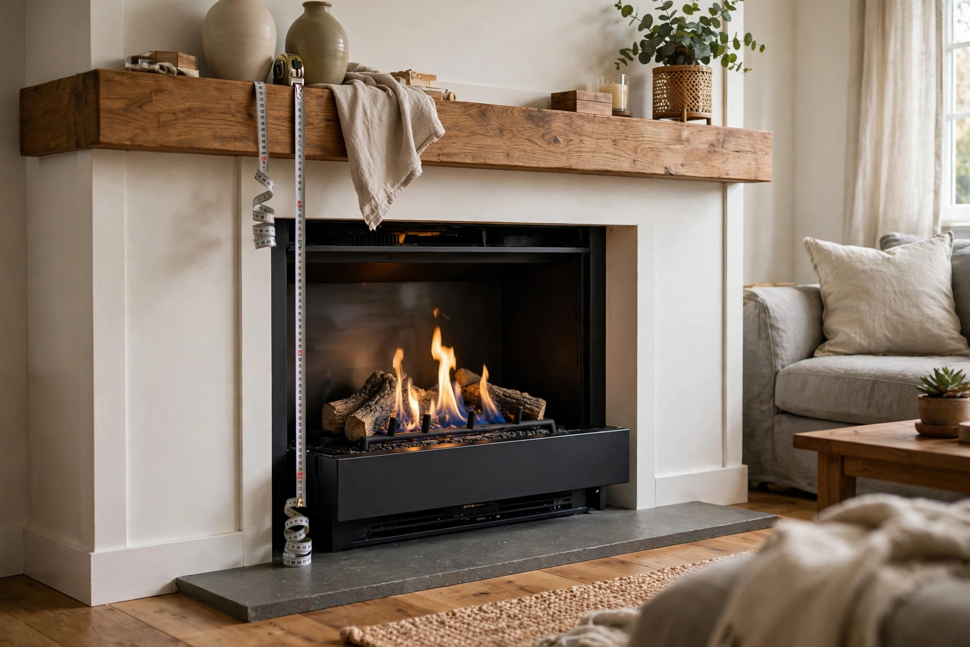 Measuring tape hanging from a wooden mantel above a ventless fireplace to check clearance
